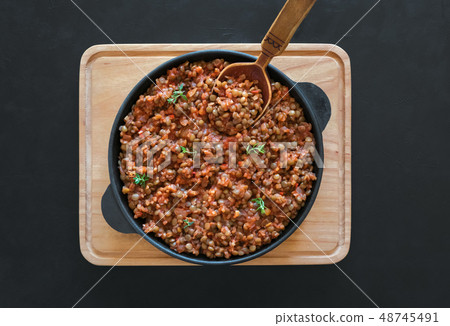 Lentil stew. Vegan lentil Bolognese. Diet food. Lentil stew. Vegan lentil Bolognese. Diet food. 48745491