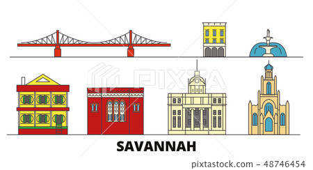 United States, Savannah flat landmarks vector illustration. United States, Savannah line city with 48746454