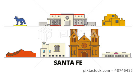 United States, Santa Fe flat landmarks vector illustration. United States, Santa Fe line city with 48746455