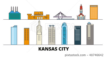 United States, Kansas City flat landmarks vector illustration. United States, Kansas City line city United States, Kansas City flat landmarks vector illustration. United States, Kansas City line city 48746642