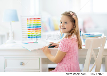 Child drawing. Kids paint. Girl after school. Child drawing. Kids paint. Girl after school. 48747025