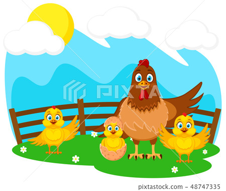 Mother hen and baby Chicks on the green lawn. Farm Mother hen and baby Chicks on the green lawn. Farm 48747335