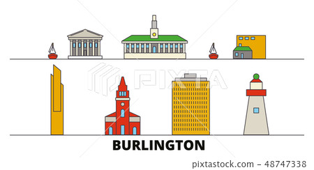 United States, Burlington flat landmarks vector illustration. United States, Burlington line city United States, Burlington flat landmarks vector illustration. United States, Burlington line city 48747338