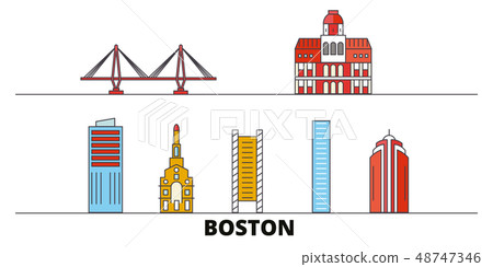 United States, Boston City flat landmarks vector illustration. United States, Boston City line city United States, Boston City flat landmarks vector illustration. United States, Boston City line city 48747346