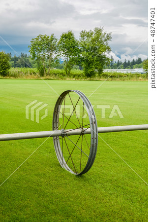 Green lawn with irrigation system over the field on cloudy summer day Green lawn with irrigation system over the field on cloudy summer day 48747401