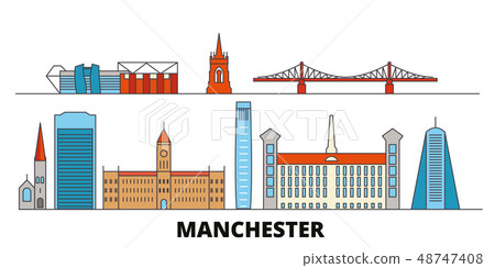 United Kingdom, Manchester flat landmarks vector illustration. United Kingdom, Manchester line city United Kingdom, Manchester flat landmarks vector illustration. United Kingdom, Manchester line city 48747408