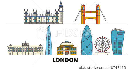 United Kingdom, London flat landmarks vector illustration. United Kingdom, London line city with United Kingdom, London flat landmarks vector illustration. United Kingdom, London line city with 48747413