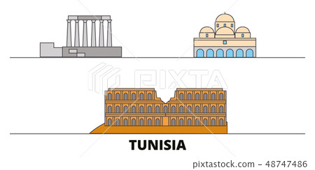 Tunisia flat landmarks vector illustration. Tunisia line city with famous travel sights, skyline 48747486