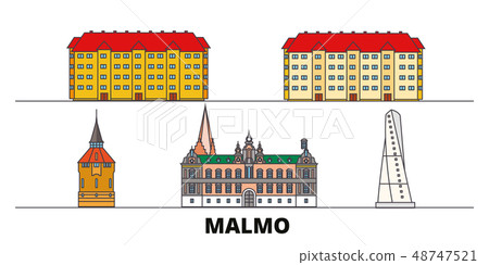 Sweden, Malmo flat landmarks vector illustration. Sweden, Malmo line city with famous travel sights 48747521