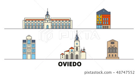 Spain, Oviedo flat landmarks vector illustration. Spain, Oviedo line city with famous travel sights 48747552