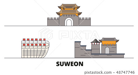 South Korea, Suweon flat landmarks vector illustration. South Korea, Suweon line city with famous 48747746