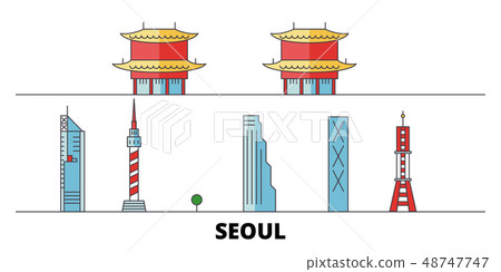 South Korea, Seoul flat landmarks vector illustration. South Korea, Seoul line city with famous 48747747