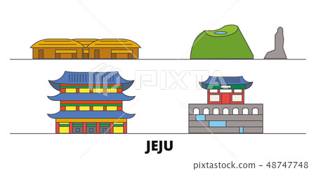 South Korea, Jeju flat landmarks vector illustration. South Korea, Jeju line city with famous travel 48747748