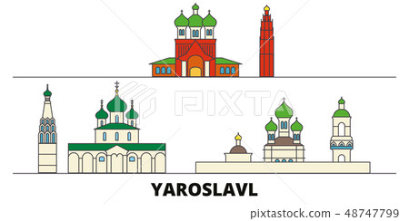 Russia, Yaroslavl flat landmarks vector illustration. Russia, Yaroslavl line city with famous travel 48747799
