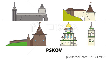 Russia, Pskov flat landmarks vector illustration. Russia, Pskov line city with famous travel sights 48747938