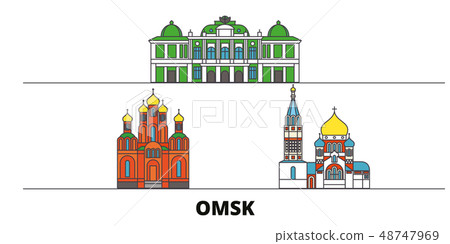 Russia, Omsk flat landmarks vector illustration. Russia, Omsk line city with famous travel sights 48747969