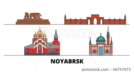 Russia, Noyabrsk flat landmarks vector illustration. Russia, Noyabrsk line city with famous travel 48747973