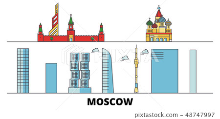 Russia, Moscow City flat landmarks vector illustration. Russia, Moscow City line city with famous 48747997