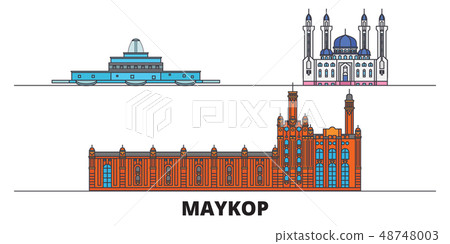 Russia, Maykop flat landmarks vector illustration. Russia, Maykop line city with famous travel Russia, Maykop flat landmarks vector illustration. Russia, Maykop line city with famous travel 48748003