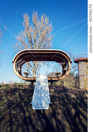 Beautiful wooden playhouse for children with slide 48748379