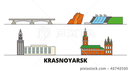 Russia, Krasnoyarsk flat landmarks vector illustration. Russia, Krasnoyarsk line city with famous Russia, Krasnoyarsk flat landmarks vector illustration. Russia, Krasnoyarsk line city with famous 48748500