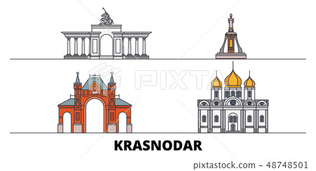 Russia, Krasnodar flat landmarks vector illustration. Russia, Krasnodar line city with famous travel Russia, Krasnodar flat landmarks vector illustration. Russia, Krasnodar line city with famous travel 48748501