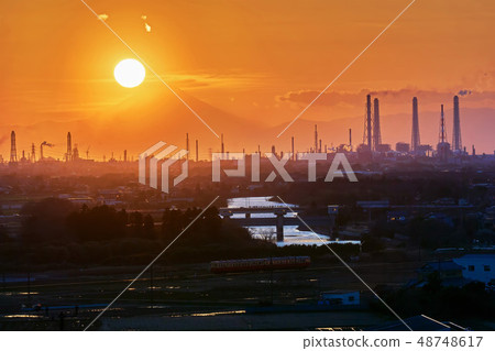 Chiba Prefecture, bird's eye view point, Diamond Fuji, Kominato Railway, factory chimney and Yorogawa on the verge of landing 48748617