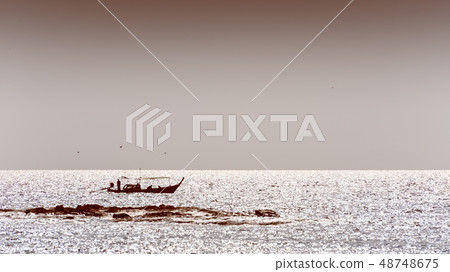 Silhouette native fishing boat in sepia colors Silhouette native fishing boat in sepia colors 48748675