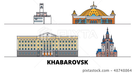 Russia, Khabarovsk flat landmarks vector illustration. Russia, Khabarovsk line city with famous 48748864