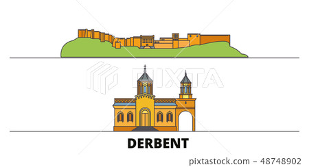 Russia, Derbent flat landmarks vector illustration. Russia, Derbent line city with famous travel 48748902