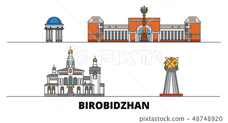 Russia, Birobidzhan flat landmarks vector illustration. Russia, Birobidzhan line city with famous 48748920