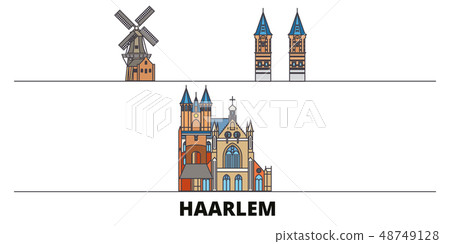 Netherlands, Haarlem flat landmarks vector illustration. Netherlands, Haarlem line city with famous 48749128