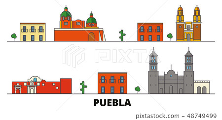 Mexico, Puebla flat landmarks vector illustration. Mexico, Puebla line city with famous travel Mexico, Puebla flat landmarks vector illustration. Mexico, Puebla line city with famous travel 48749499