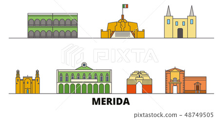 Mexico, Merida flat landmarks vector illustration. Mexico, Merida line city with famous travel Mexico, Merida flat landmarks vector illustration. Mexico, Merida line city with famous travel 48749505