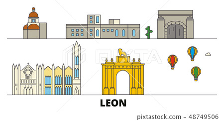 Mexico, Leon flat landmarks vector illustration. Mexico, Leon line city with famous travel sights Mexico, Leon flat landmarks vector illustration. Mexico, Leon line city with famous travel sights 48749506
