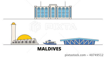 Maldives flat landmarks vector illustration. Maldives line city with famous travel sights, skyline Maldives flat landmarks vector illustration. Maldives line city with famous travel sights, skyline 48749512