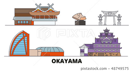 Japan, Okayama flat landmarks vector illustration. Japan, Okayama line city with famous travel Japan, Okayama flat landmarks vector illustration. Japan, Okayama line city with famous travel 48749575