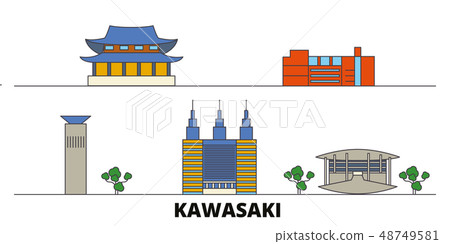 Japan, Kawasaki flat landmarks vector illustration. Japan, Kawasaki line city with famous travel 48749581