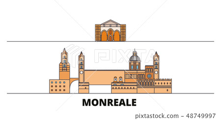 Italy, Monreale flat landmarks vector illustration. Italy, Monreale line city with famous travel 48749997