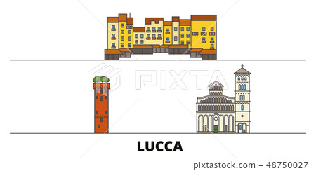 Italy, Lucca flat landmarks vector illustration. Italy, Lucca line city with famous travel sights 48750027