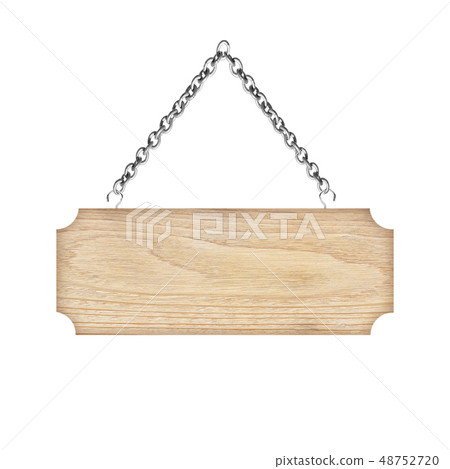 Wooden sign hanging on a chain isolated on white Wooden sign hanging on a chain isolated on white 48752720