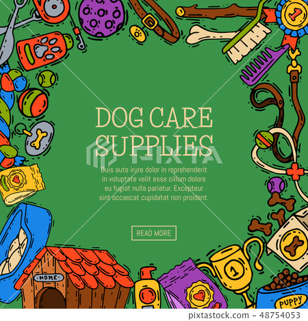 Pet care supply funny poster petsshop advertising bookmark with dog kennel vector illustration 48754053