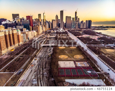 Chicago city buildings tower building drones 48755114