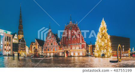 Riga, Latvia. Panorama Of Town Hall Square, Popular Place With Famous Landmarks On It In Night 48755199