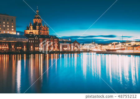 Helsinki, Finland. View Of Kanavaranta Street With Uspenski Cathedral In Evening Night Illuminations Helsinki, Finland. View Of Kanavaranta Street With Uspenski Cathedral In Evening Night Illuminations 48755212