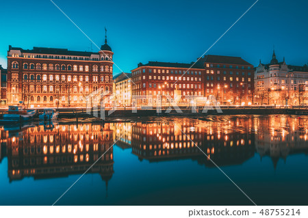 Helsinki, Finland. View Of Pohjoisranta Street In Evening Or Night Illumination 48755214