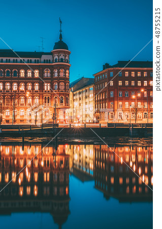 Helsinki, Finland. Crossroad Of Pohjoisranta And Kirkkokatu Street In Evening Or Night Illumination Helsinki, Finland. Crossroad Of Pohjoisranta And Kirkkokatu Street In Evening Or Night Illumination 48755215