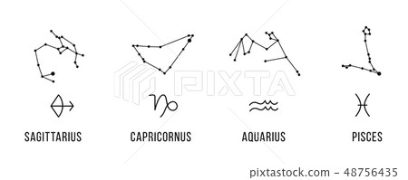 4 Zodiac signs with constellations. Sagittarius, capricorn, aquarius, pisces. Vector. 4 Zodiac signs with constellations. Sagittarius, capricorn, aquarius, pisces. Vector. 48756435