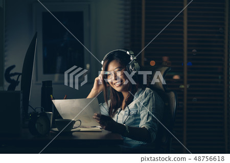 Portrait of Asian Businesswoman sitting and working hard with happiness action on the table with front of computer desktop in workplace at late time, Work hard and too late concept Portrait of Asian Businesswoman sitting and working hard with happiness action on the table with front of computer desktop in workplace at late time, Work hard and too late concept 48756618