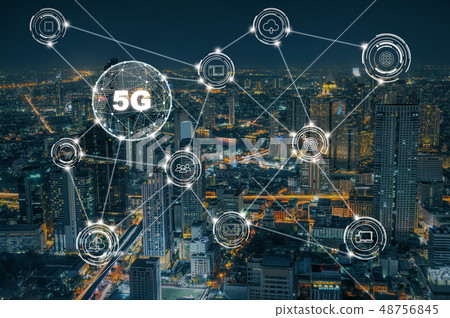 5G technology with various icon internet of thing over the closeup Bangkok cityscape, Wireless communication connection network concept. 5G technology with various icon internet of thing over the closeup Bangkok cityscape, Wireless communication connection network concept. 48756845